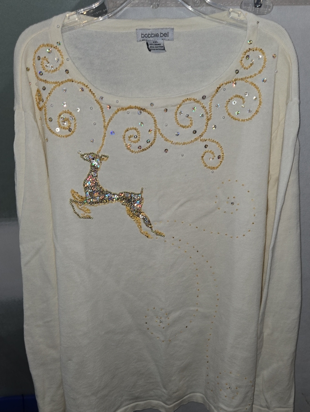 Bobbie Bell Women's Cream Sequin Reindeer Embellished Sweater Top